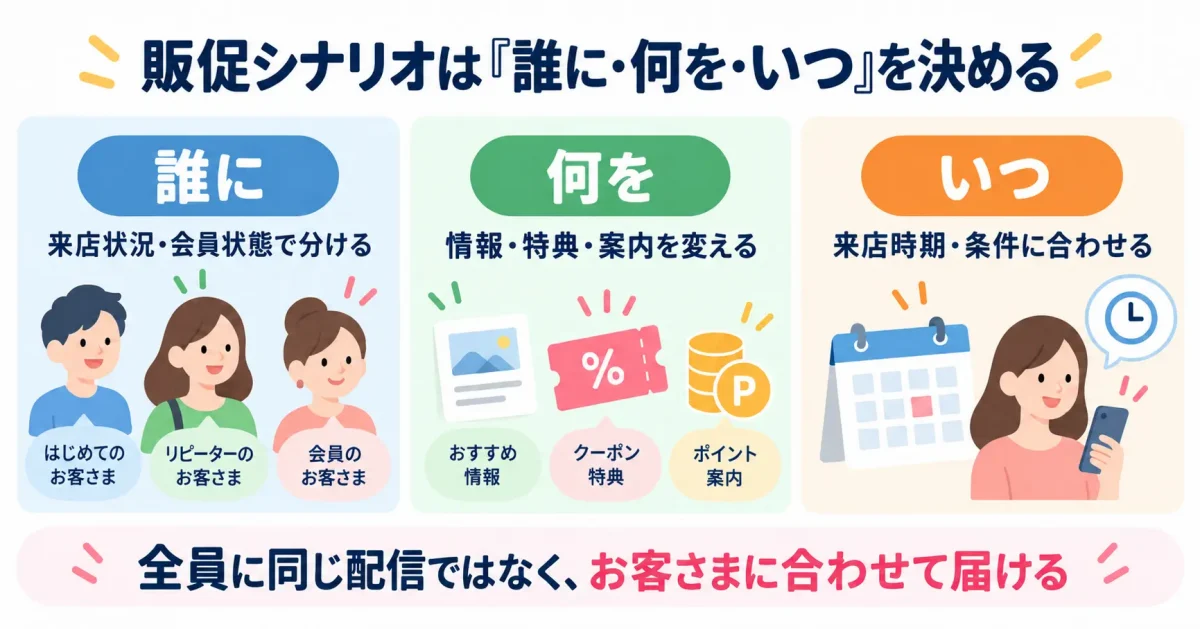 販促シナリオは「誰に・何を・いつ」を決める。全員に同じ配信ではなく、お客さまに合わせて届ける。