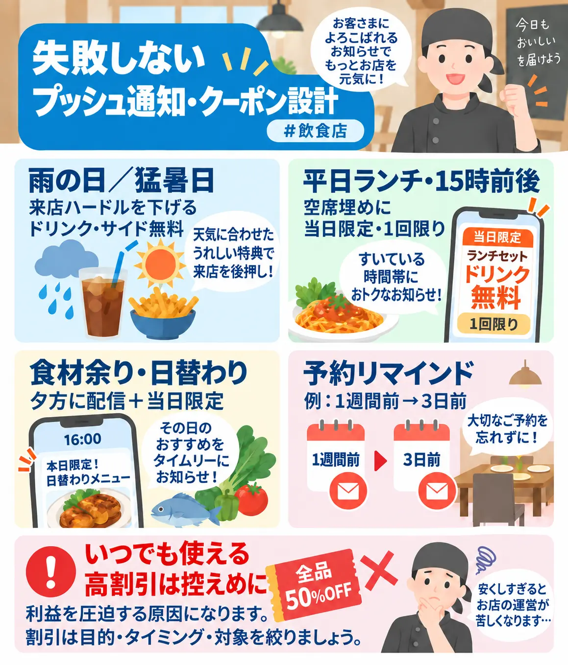 天候や時間帯に合わせた特典、日替わりメニューの案内、予約リマインドなど、飲食店のプッシュ通知・クーポン活用例