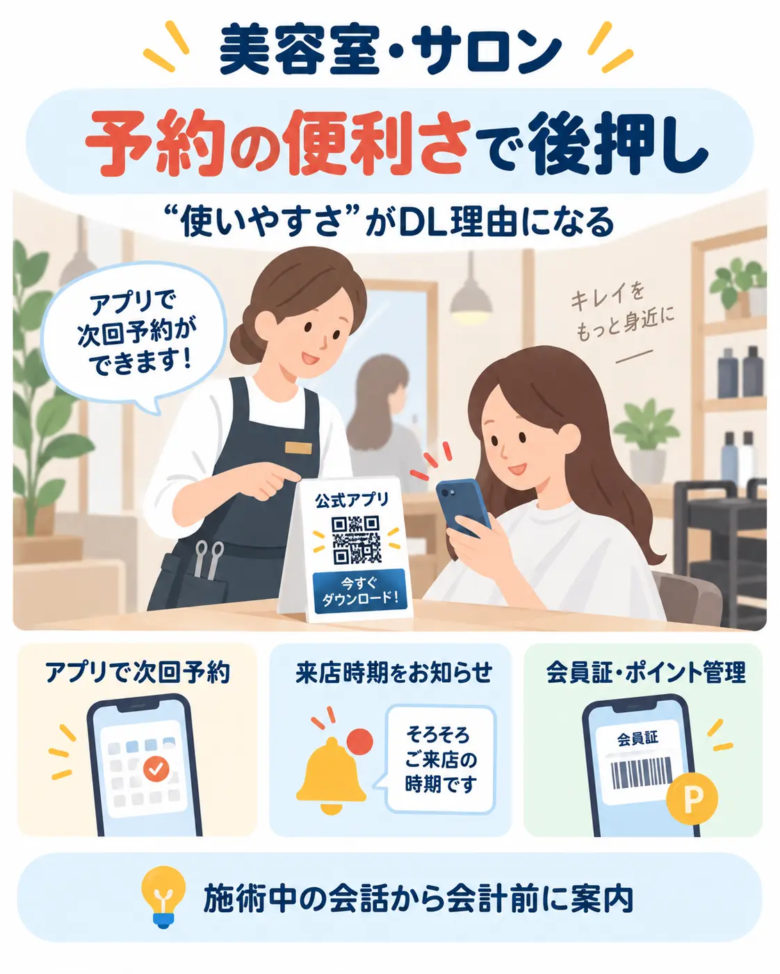 美容室・サロンで、次回予約や来店時期のお知らせ、会員証・ポイント管理を理由にアプリのダウンロードを促す例